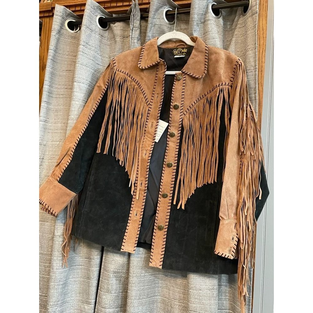 ⭐️⭐️  Size Small Bob Mackie Wearable Art Leather Western Jacket With Fringe Brow